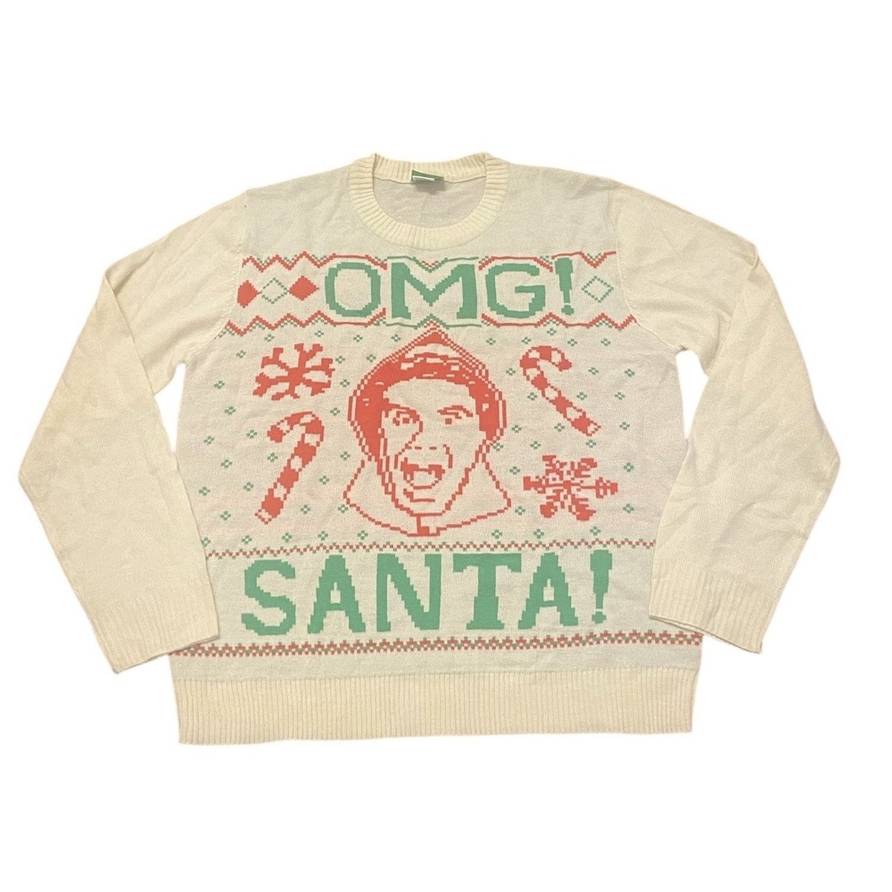 Elf Ugly Christmas‎ Sweater Women's L Ivory Green Red "OMG! Santa" Crewneck